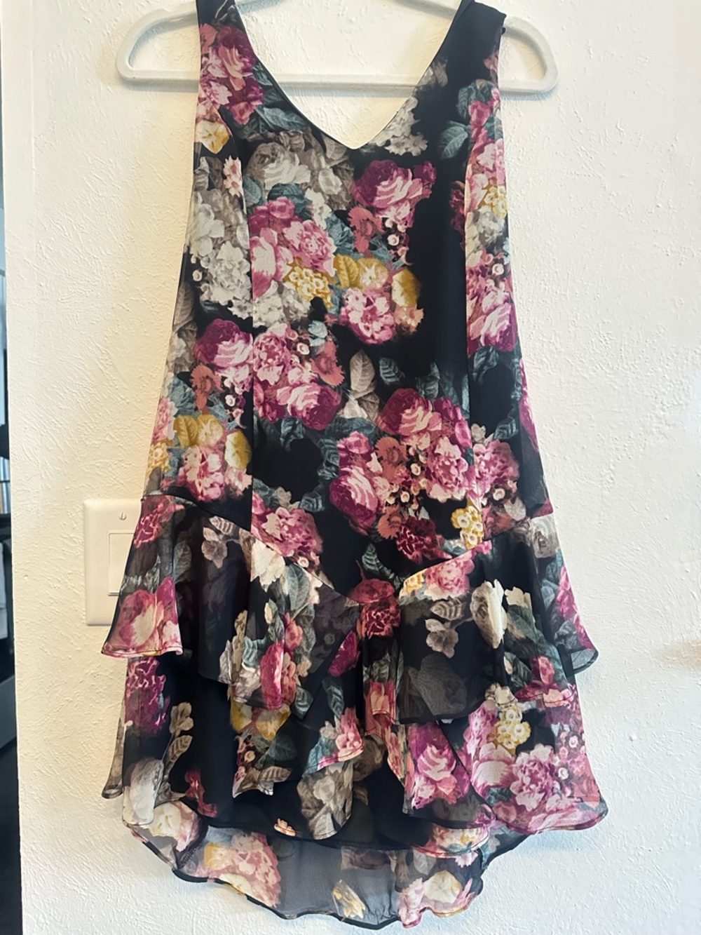 Floral High-Low Ruffle Skirt in Black and Pink